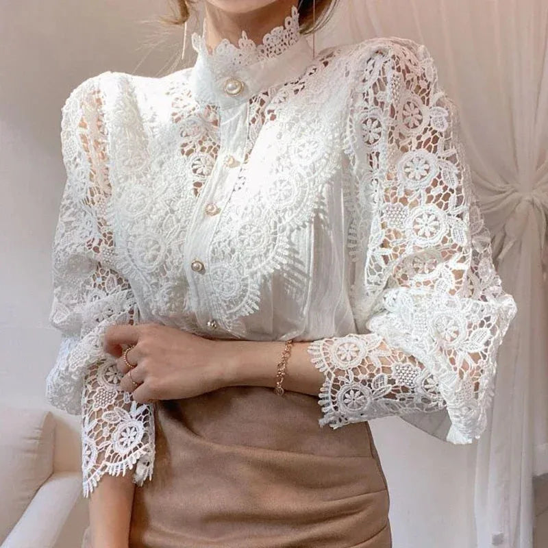 Shirt Women Blusas Mujer De Moda Office Lady Flower Blouse Spring Hollow Out Lace Stand Collar Button Female Clothing 12419